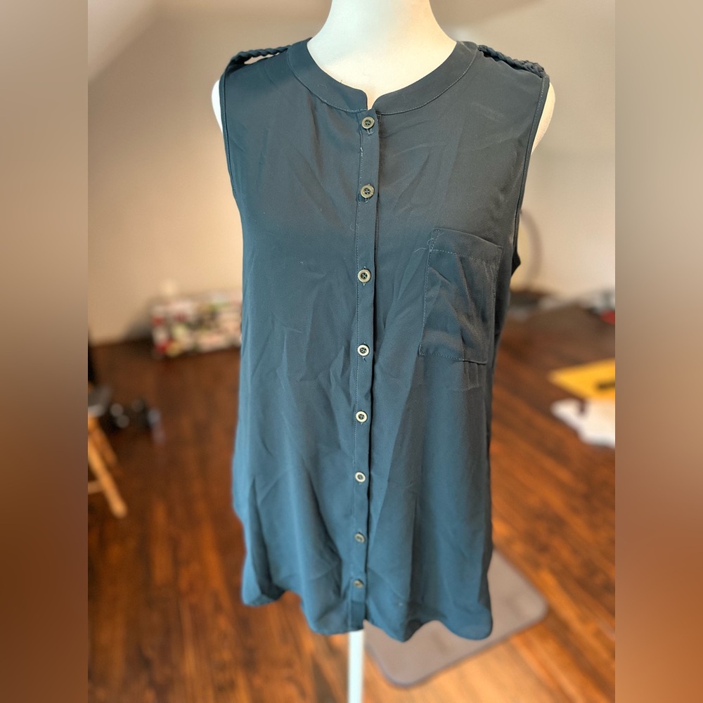 Dark Teal Button Up Sleeveless Blouse